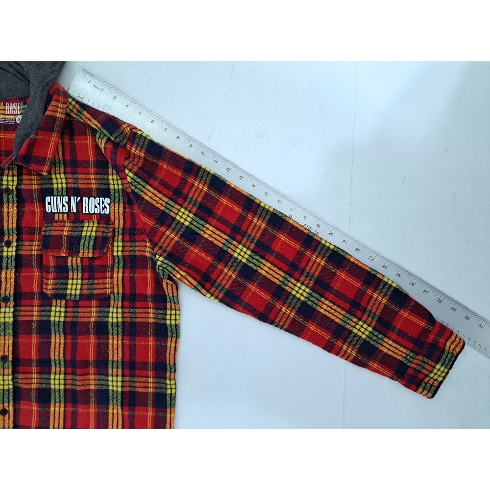 Guns N Roses Flannel Hooded Shirt XL Red Yellow Rock Roll Axel Skulls Appetite - Picture 9 of 9